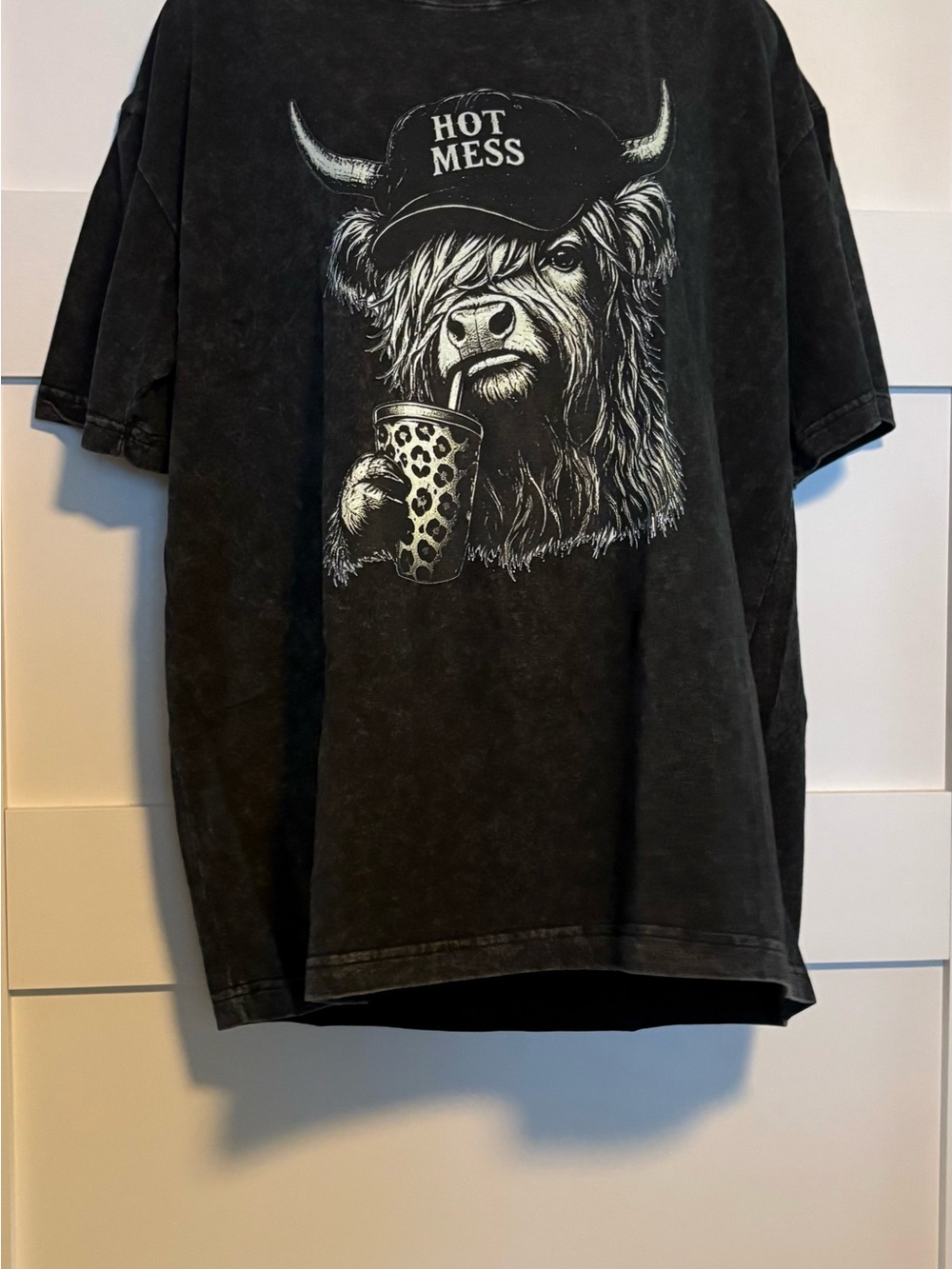 Womens Black 'Hot Mess' Stonewashed Graphic Tee with Highland Cow Illustration
